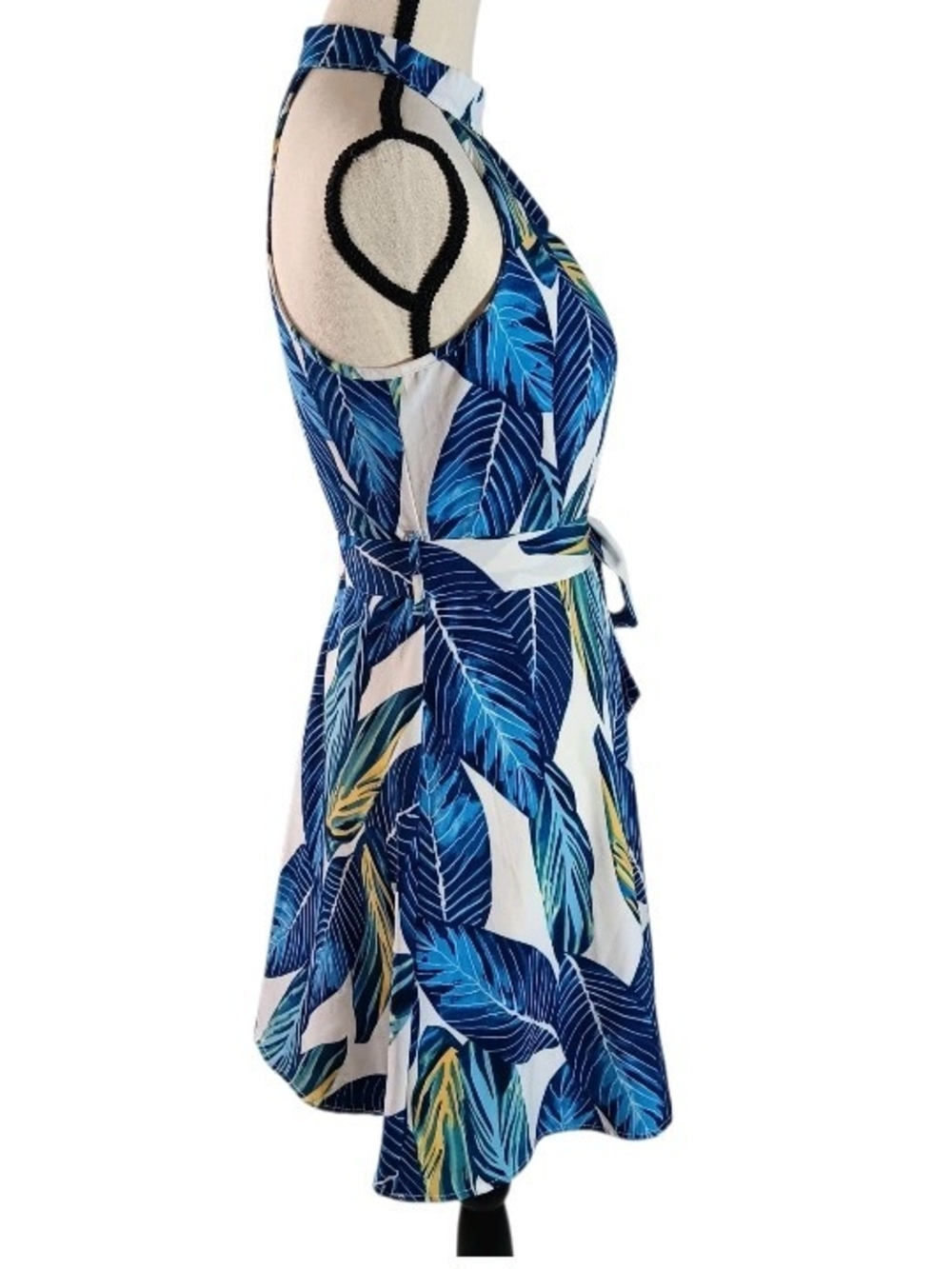 Women's Blue Green Tropical Leaf Print Halter Tie Waist Sundress - Picture 3 of 8